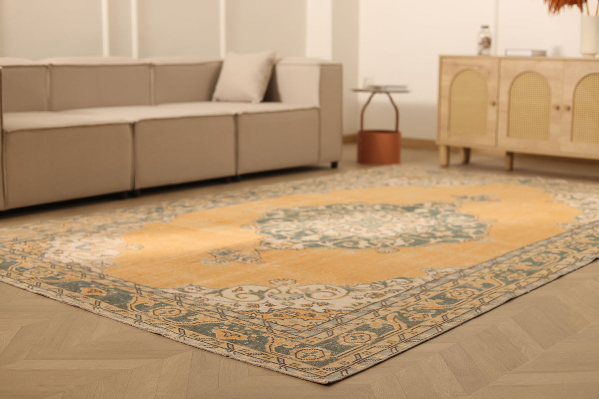 Vintage Isparta Turkish Area Rug 7x11 ft — Orange & Gray Floral