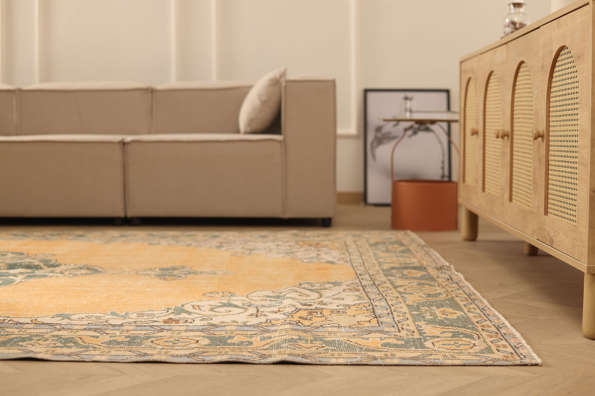 Vintage Isparta Turkish Area Rug 7x11 ft — Orange & Gray Floral