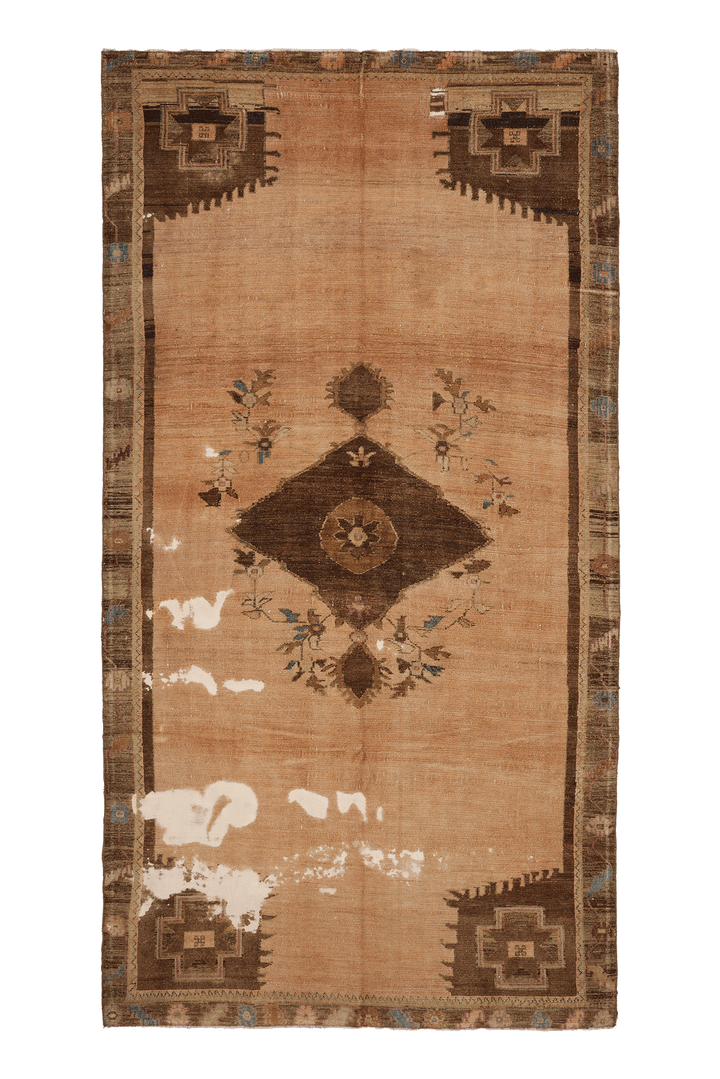 Vintage Van Turkish Area Rug 6x13 ft — Beige & Brown Distressed