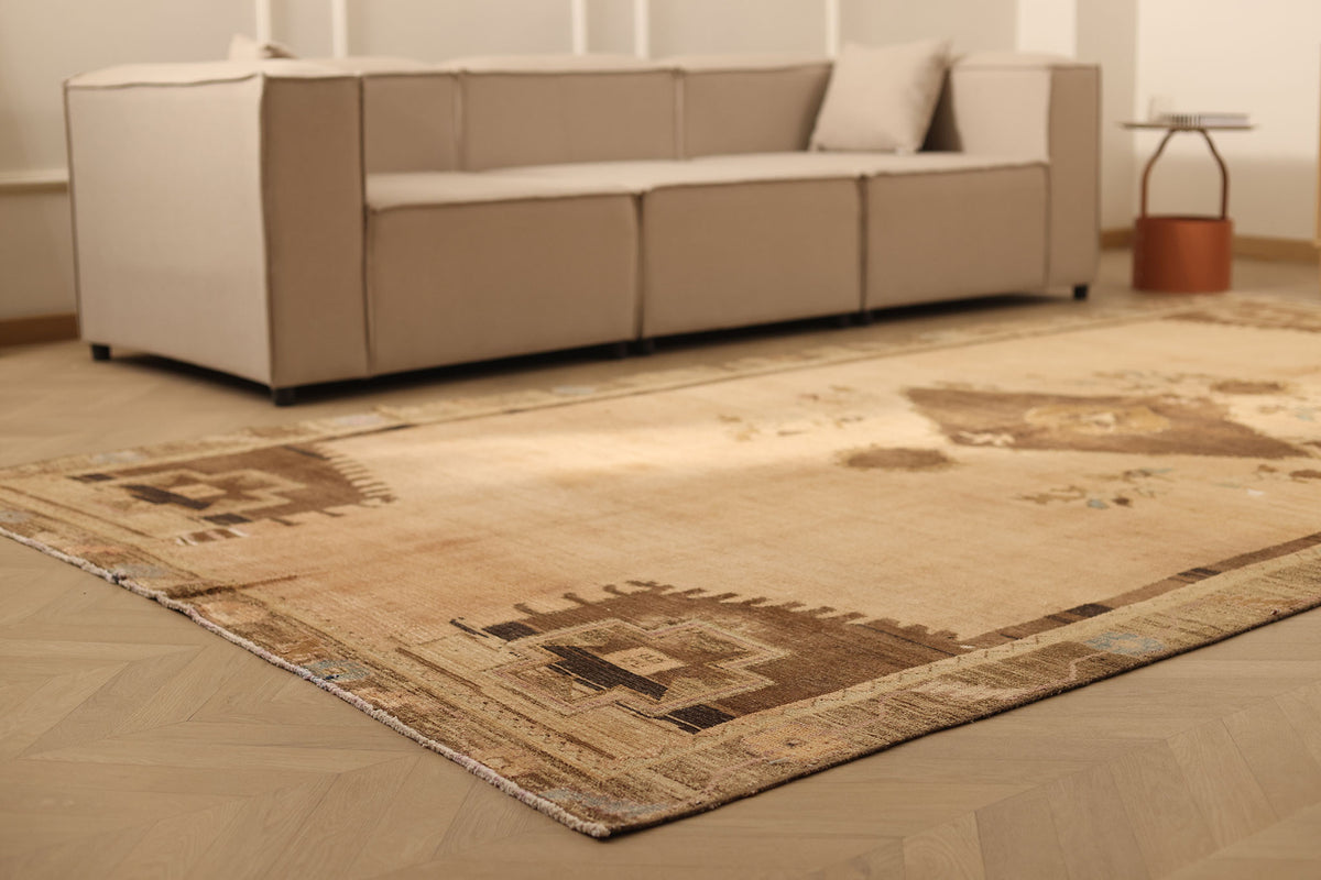 Vintage Van Turkish Area Rug 6x13 ft — Beige & Brown Distressed