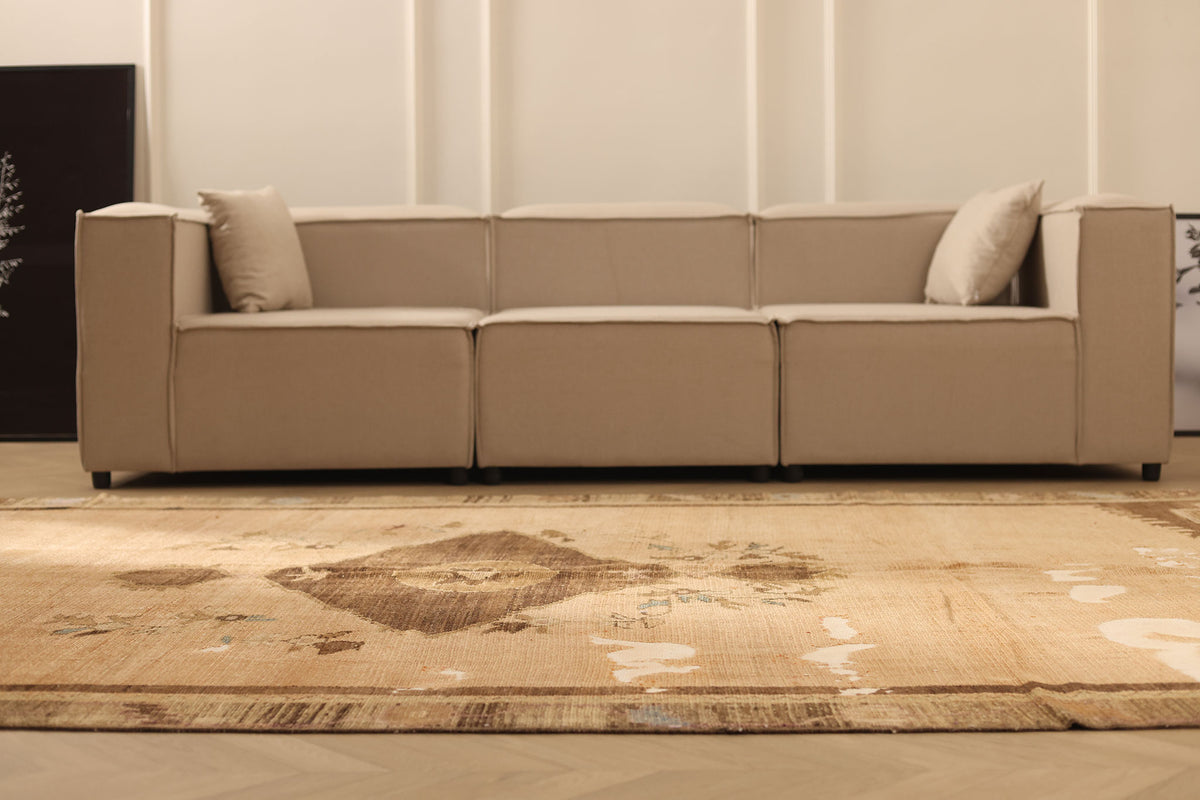Vintage Van Turkish Area Rug 6x13 ft — Beige & Brown Distressed