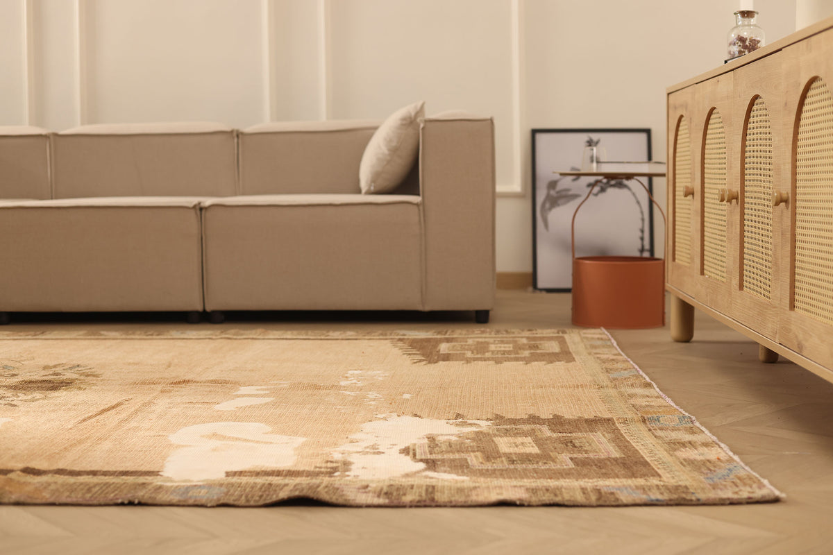 Vintage Van Turkish Area Rug 6x13 ft — Beige & Brown Distressed