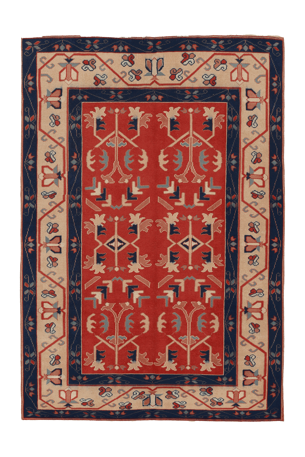 Vintage Uşak Turkish Area Rug 4x6 ft — Red & Blue Floral