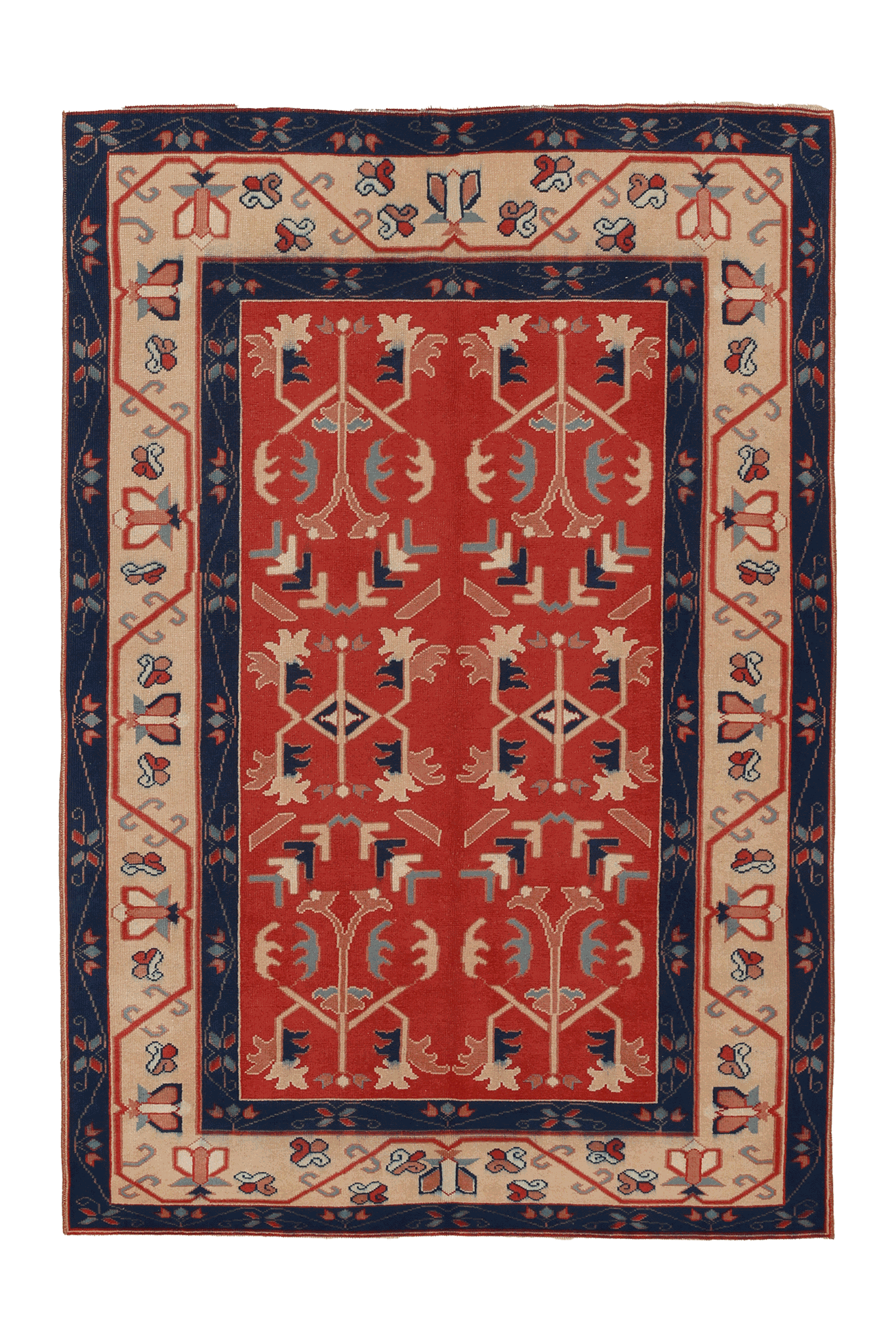 Vintage Uşak Turkish Area Rug 4x6 ft — Red & Blue Floral