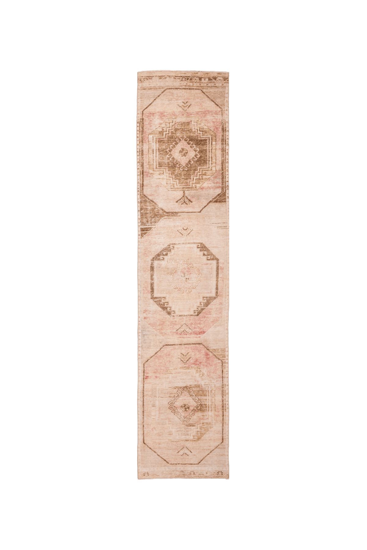 Hand-woven 2x11 ft vintage Turkish runner rug in beige and red with geometric patterns and durable wool-cotton blend.
