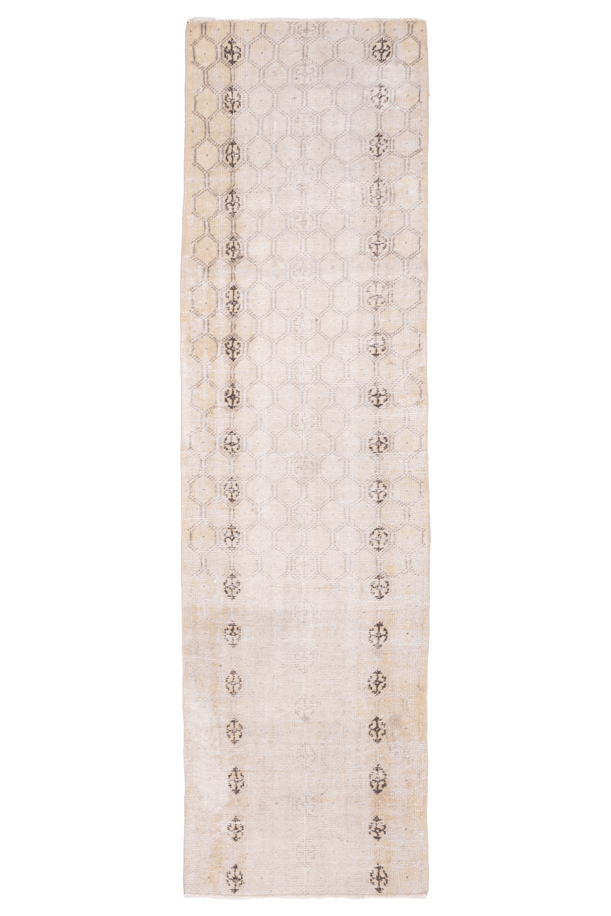 Hand-woven vintage Isparta runner rug in beige and white with geometric patterns, crafted from wool and cotton.