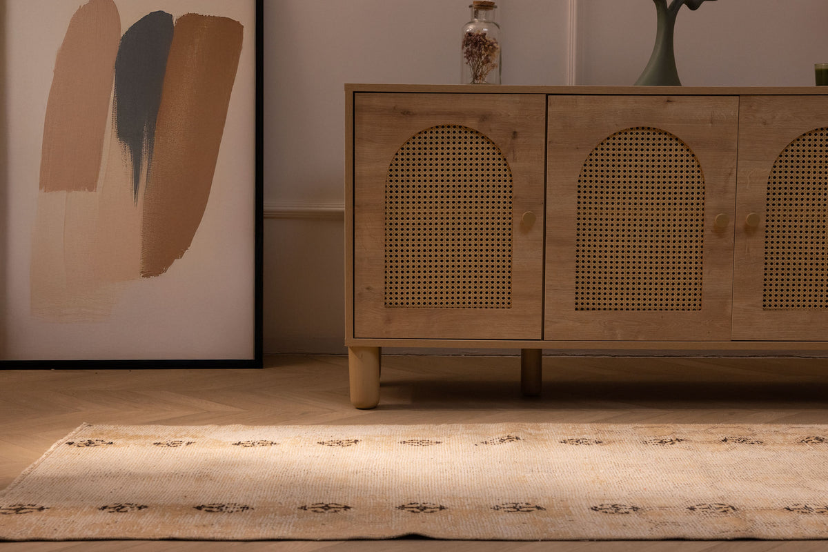 Vintage beige and white geometric wool-cotton runner rug, 2.8 x 10 ft, handmade in Isparta, Turkey.