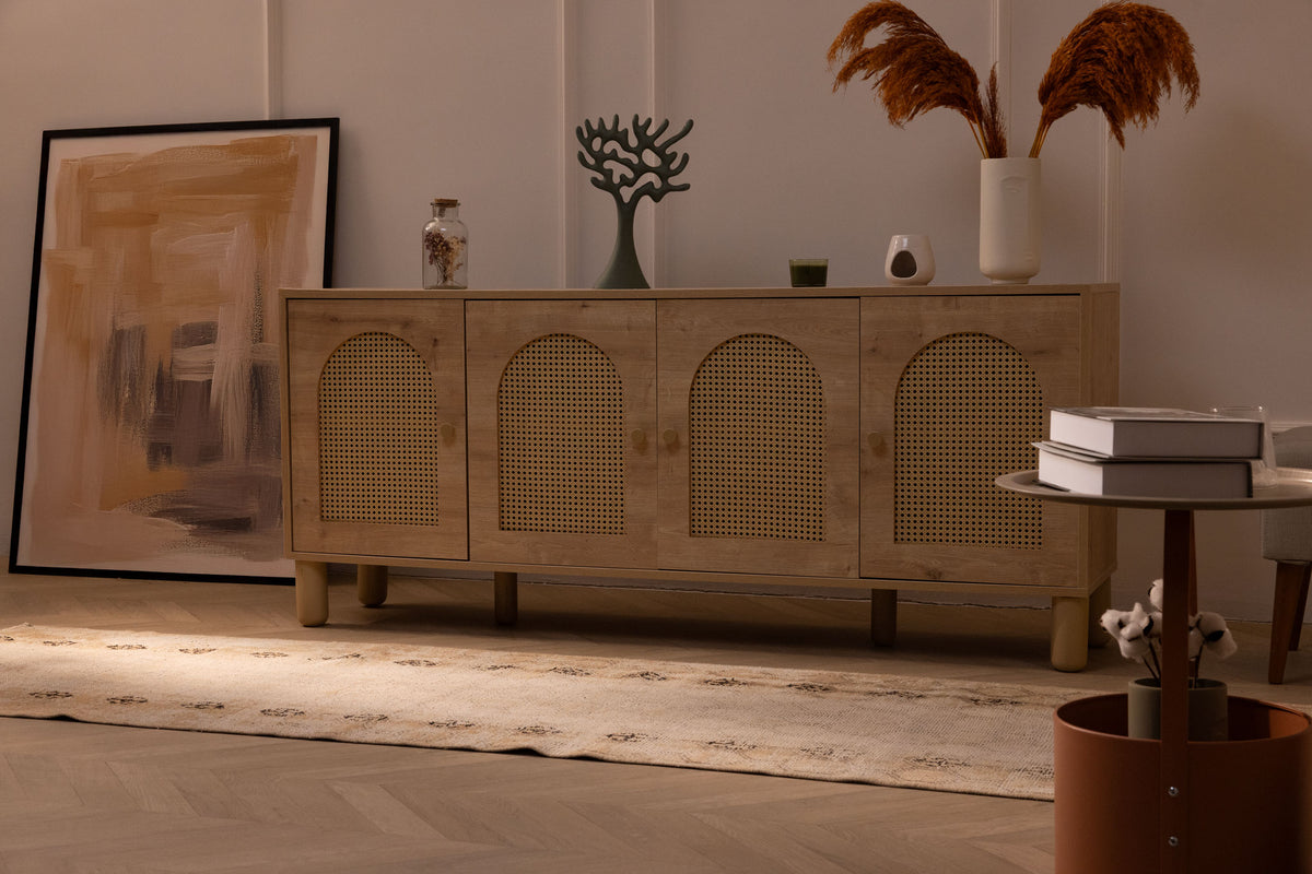 Hand-woven vintage Isparta runner rug in beige with geometric patterns, crafted from wool and cotton in a long, narrow size.