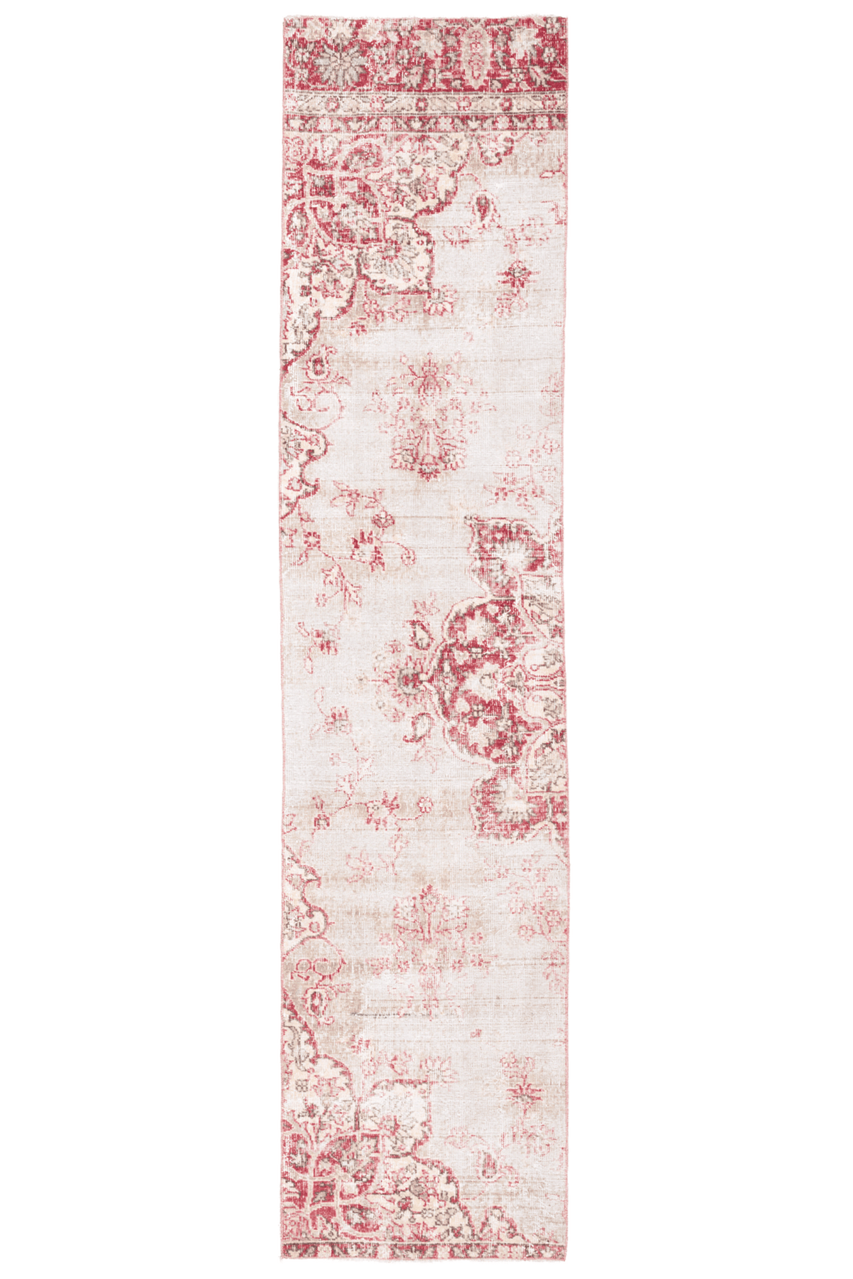 Vintage 2.2x9.3 ft handmade Turkish runner rug in red and white with bohemian floral patterns and a low-pile wool-cotton blend.