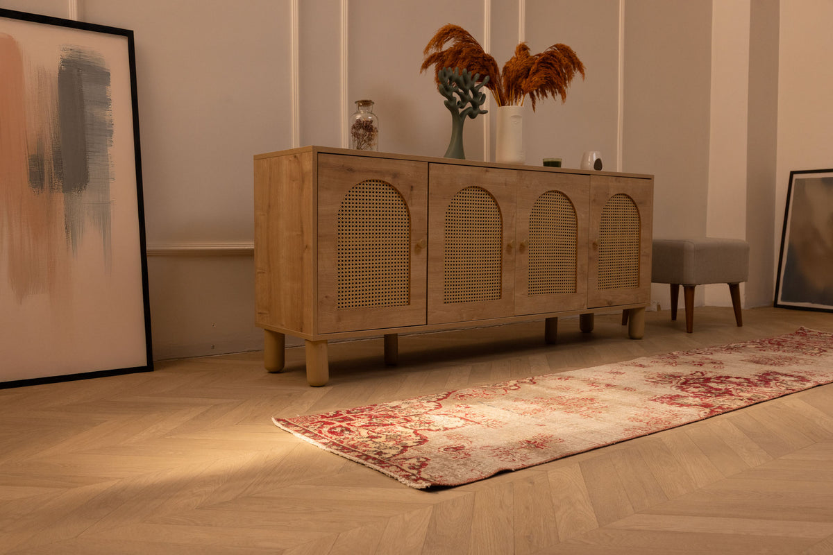 Vintage red floral Isparta runner rug in wool and cotton, 2.2 x 9.3 ft, styled in a bohemian hallway.