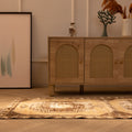 Vintage 2x10 ft beige and brown geometric Turkish wool runner rug in a farmhouse hallway.