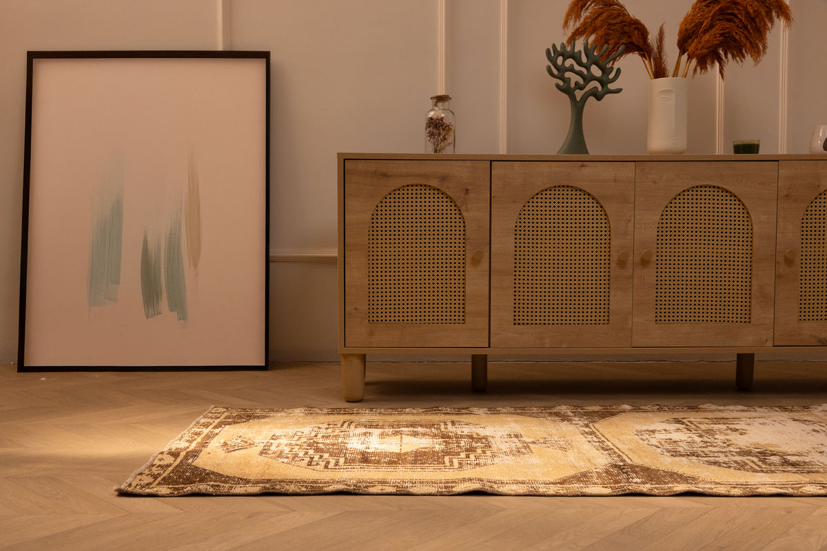 Vintage 2x10 ft beige and brown geometric Turkish wool runner rug in a farmhouse hallway.
