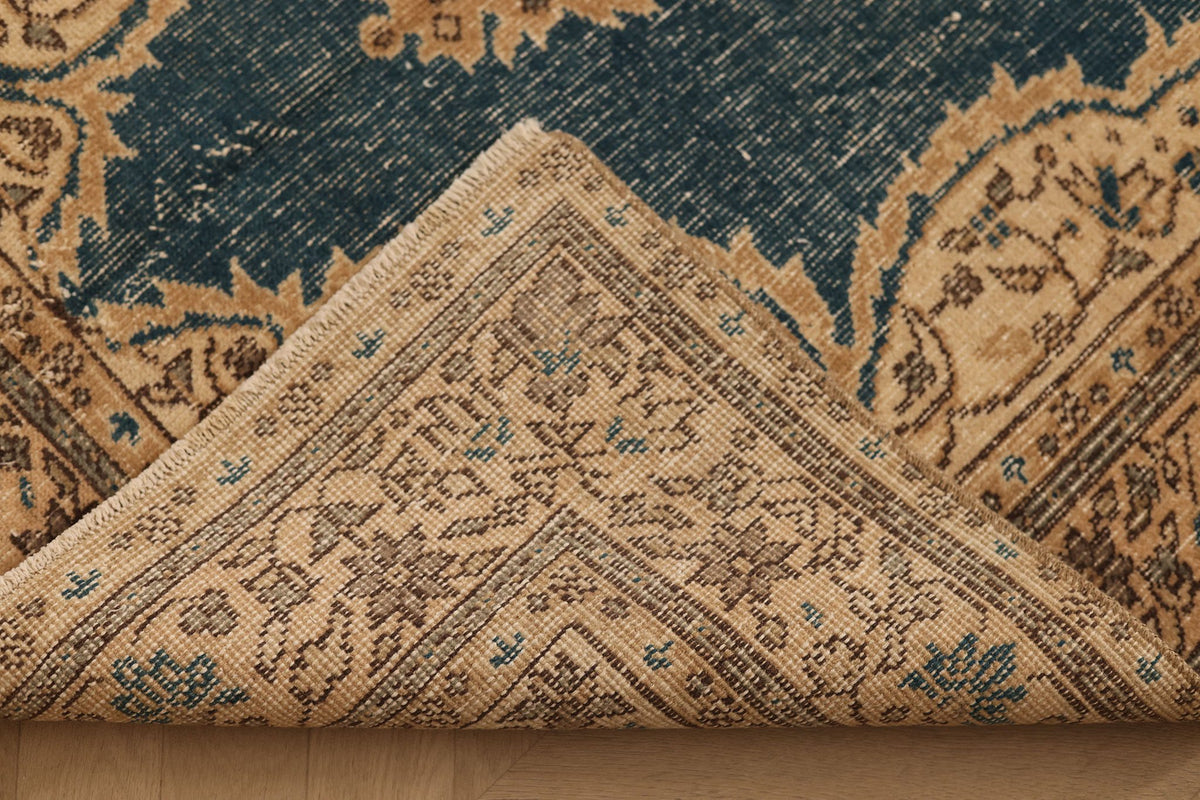 Vintage Isparta Turkish Area Rug 4x7 ft — Blue & Beige Floral