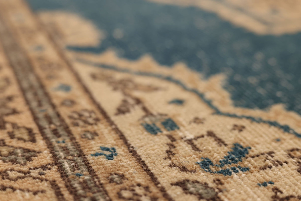 Vintage Isparta Turkish Area Rug 4x7 ft — Blue & Beige Floral