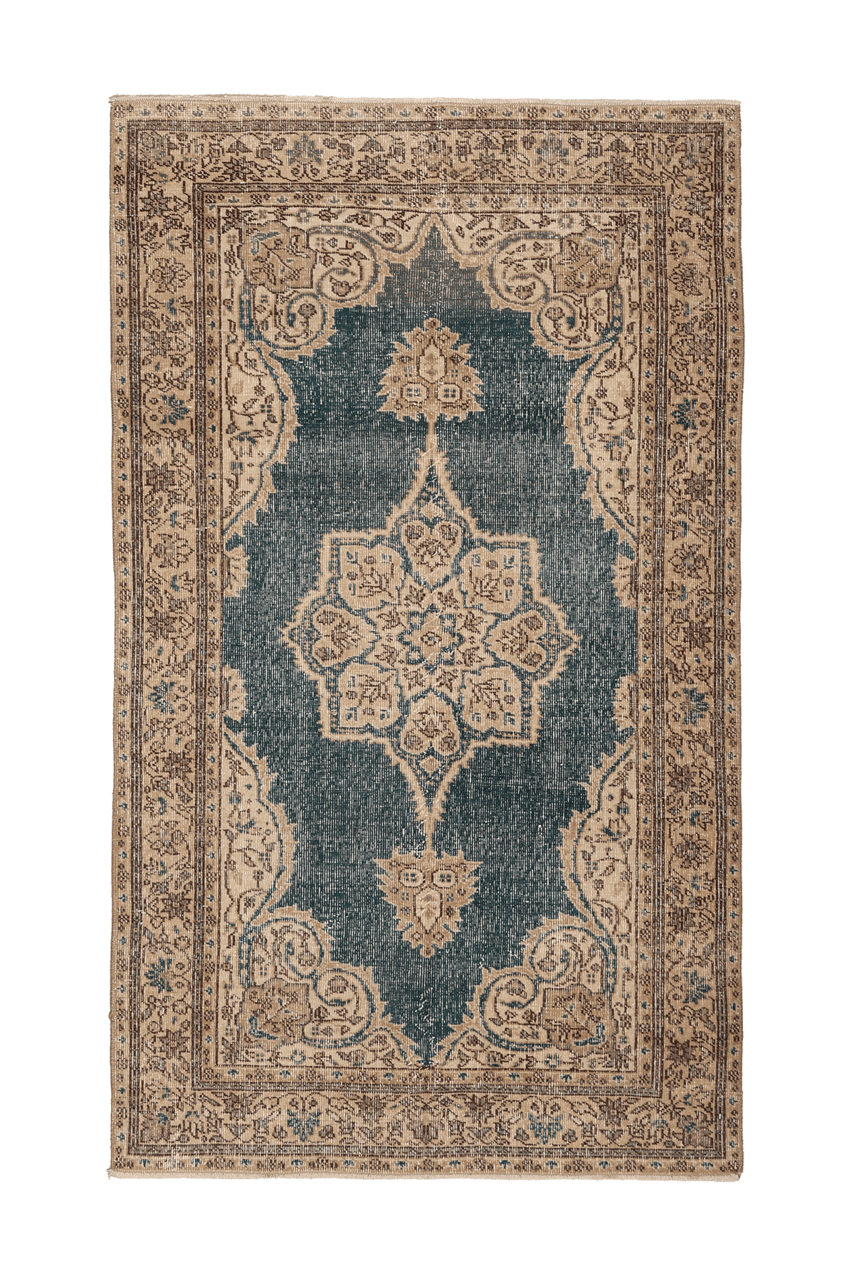 Vintage Isparta Turkish Area Rug 4x7 ft — Blue & Beige Floral