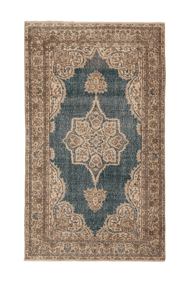 Vintage Isparta Turkish Area Rug 4x7 ft — Blue & Beige Floral