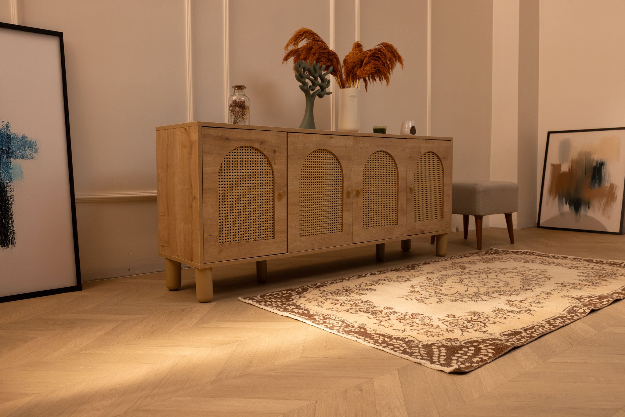 Hand-woven vintage Isparta rug in white and beige with floral patterns, 3x6 ft wool and cotton blend in a farmhouse room.