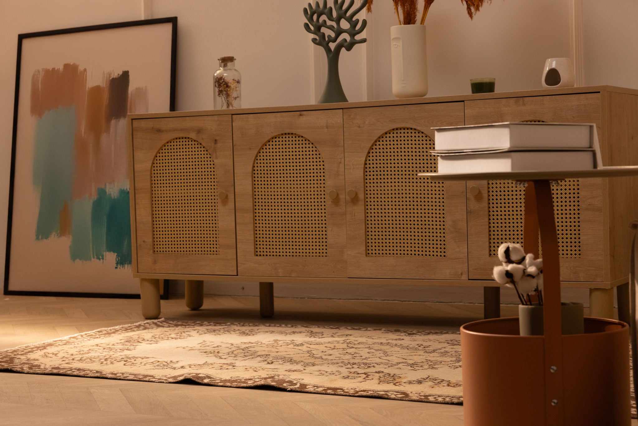 Handmade 3x6 ft vintage Isparta wool and cotton rug with white and beige floral patterns in a farmhouse interior.