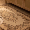 Handmade vintage Isparta wool and cotton rug in white and beige with floral patterns, 3x6 ft farmhouse style.