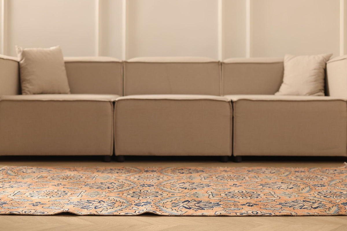Vintage Manisa Turkish Runner Rug 4x7 ft — Orange & Blue Floral