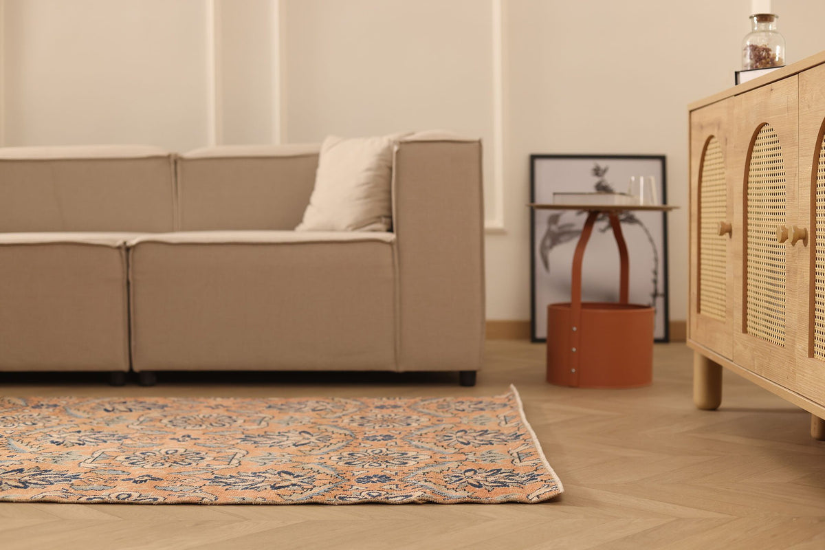 Vintage Manisa Turkish Runner Rug 4x7 ft — Orange & Blue Floral