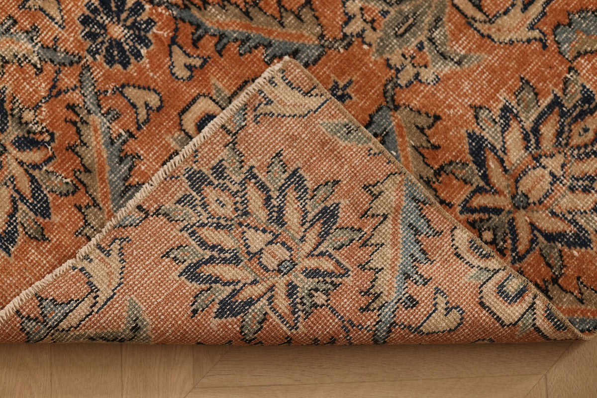 Vintage Manisa Turkish Runner Rug 4x7 ft — Orange & Blue Floral