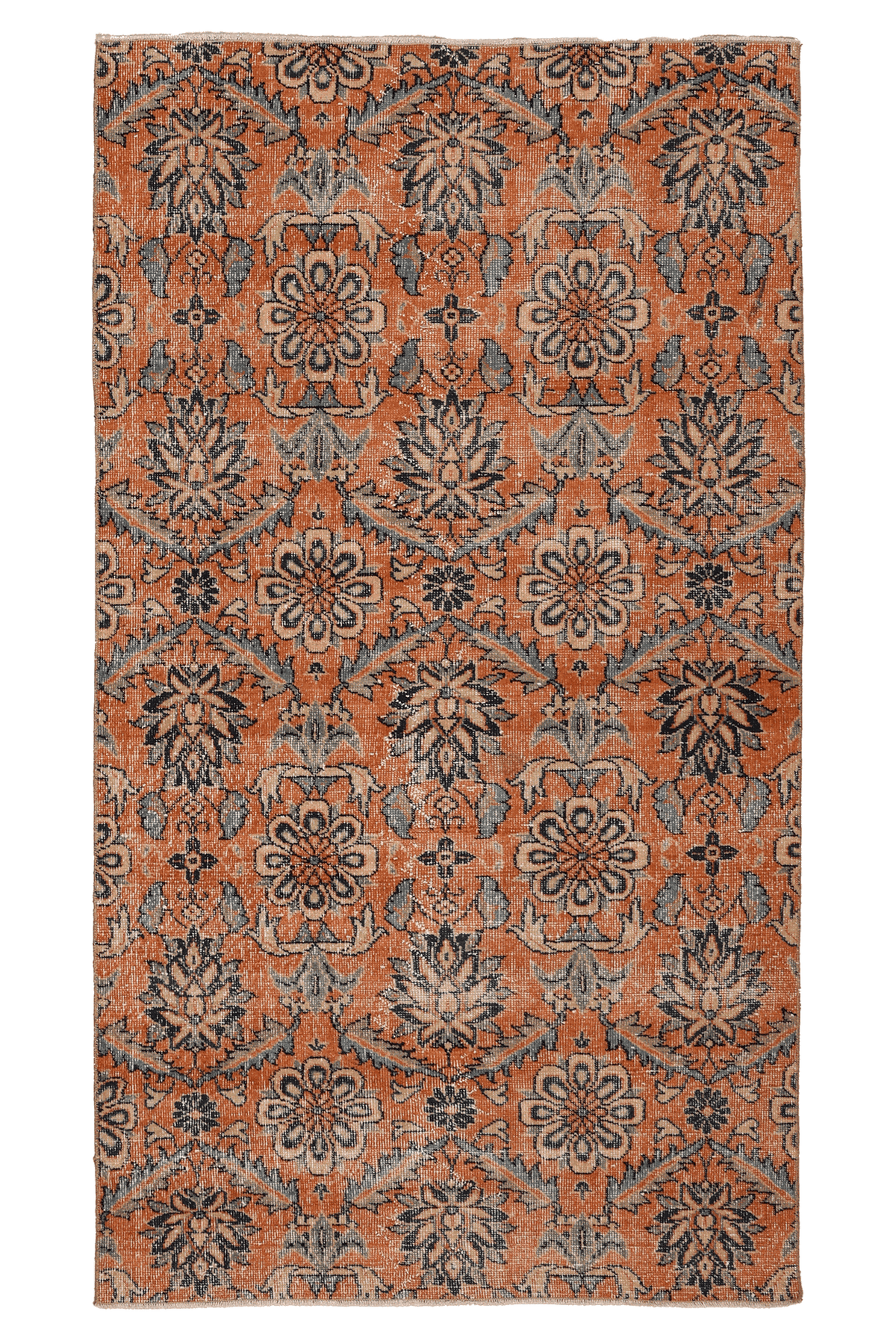 Vintage Manisa Turkish Runner Rug 4x7 ft — Orange & Blue Floral