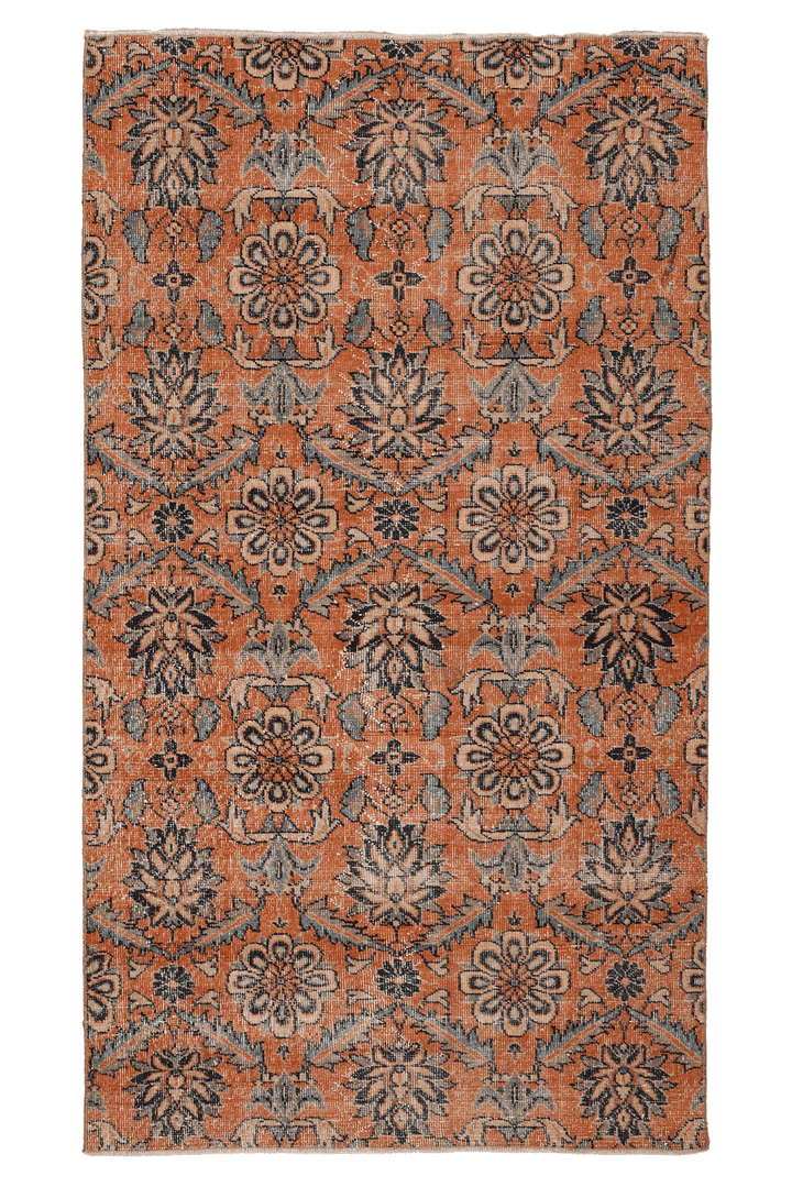 Vintage Manisa Turkish Runner Rug 4x7 ft — Orange & Blue Floral
