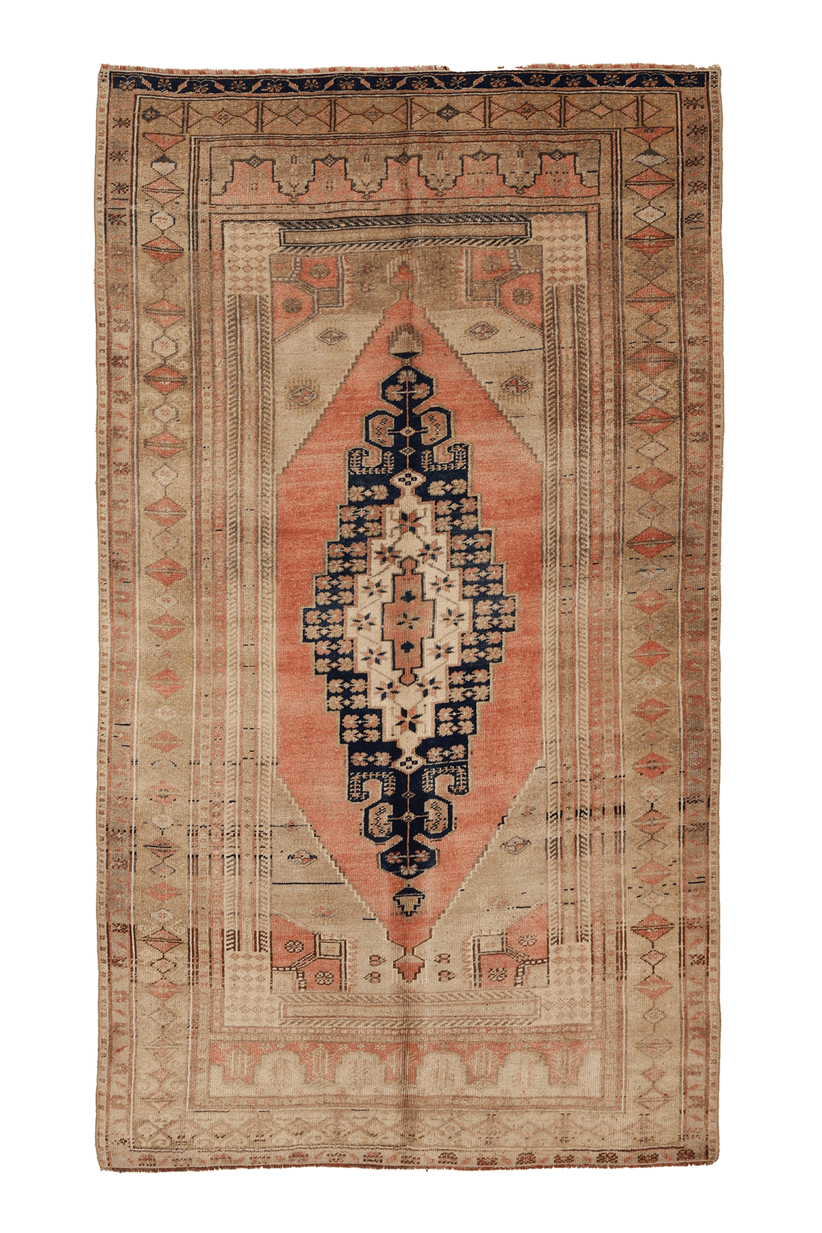Vintage Kayseri Turkish Area Rug 4x7 ft — Beige & Orange Geometric