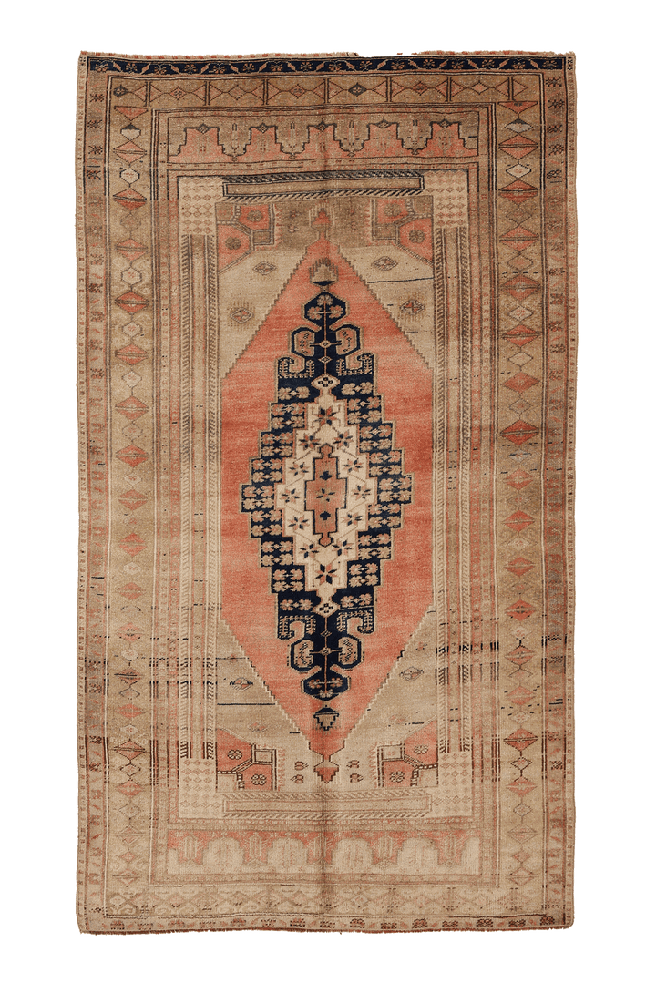 Vintage Kayseri Turkish Area Rug 4x7 ft — Beige & Orange Geometric