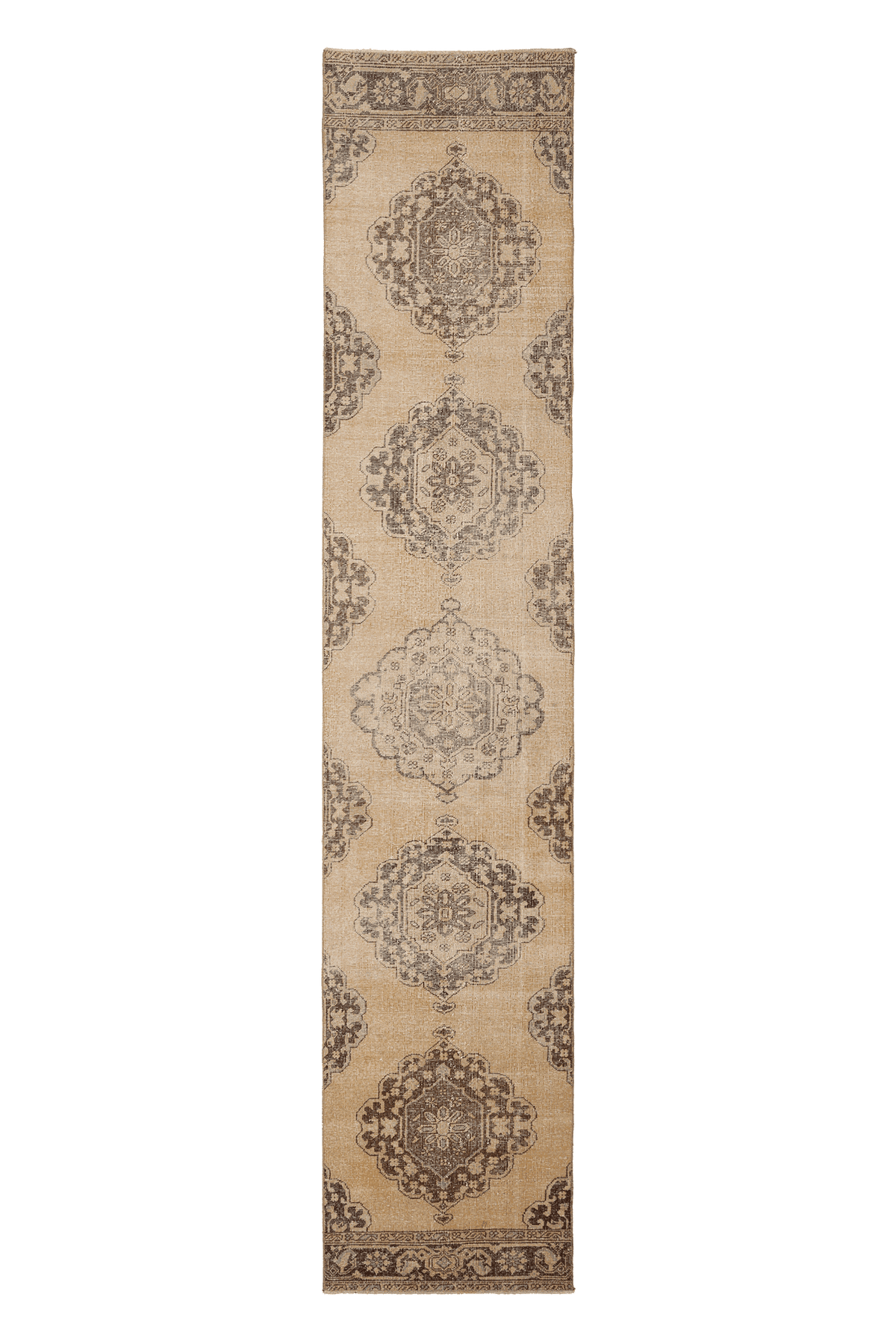 Vintage Konya Turkish Runner Rug 3x13 ft — Beige & Brown Distressed