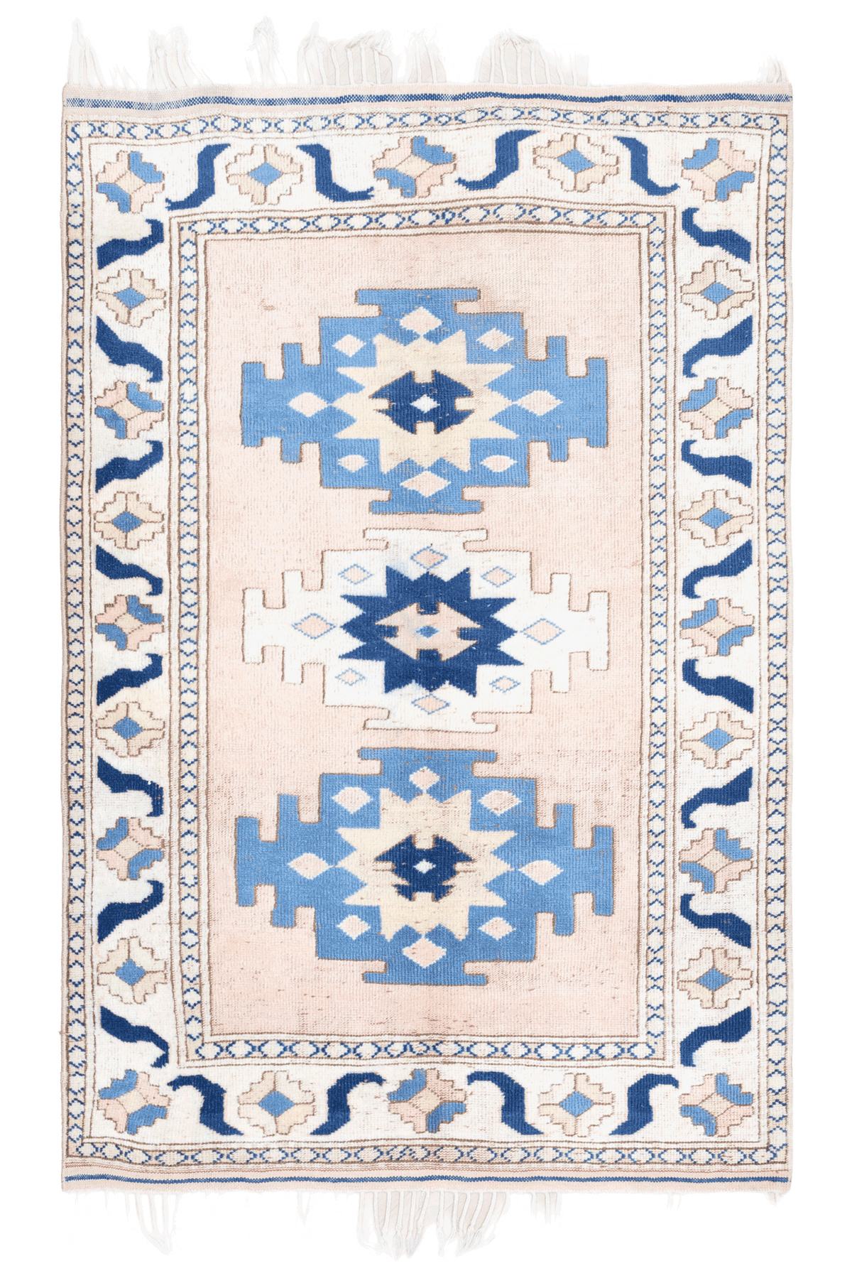 Vintage Niğde Turkish Area Rug 4x6 ft — Beige & Blue Geometric (No. 48965)