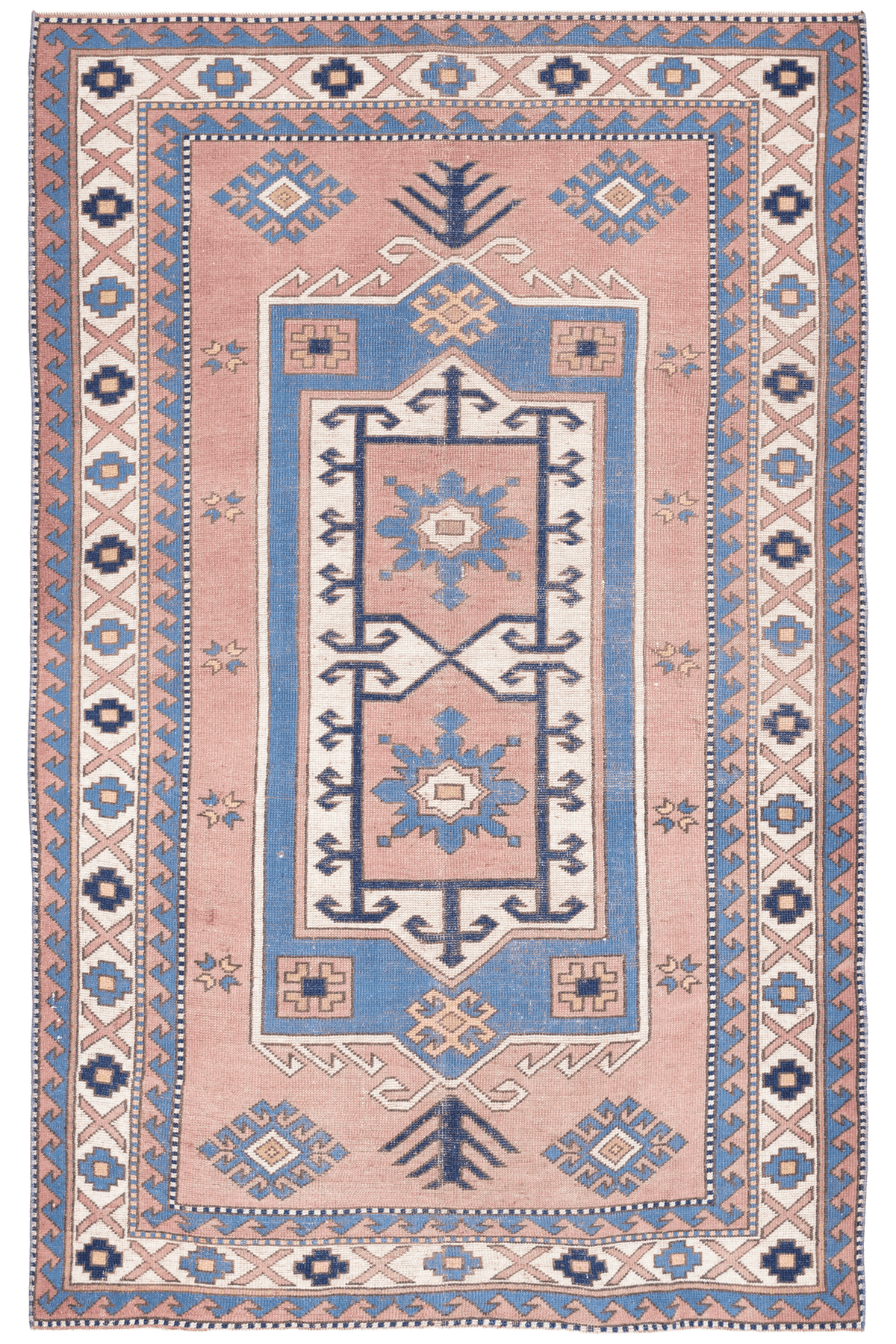 Vintage Niğde Turkish Area Rug 5x8 ft — Brown & Blue Geometric (No. 48973)