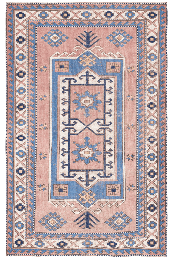 Vintage Niğde Turkish Area Rug 5x8 ft — Brown & Blue Geometric (No. 48973)