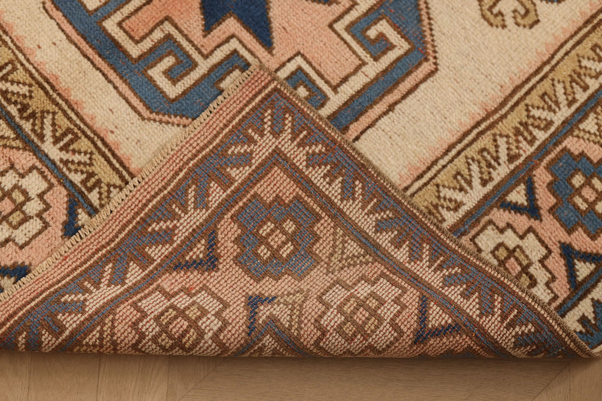 Vintage Nevşehir Turkish Area Rug 4x7 ft — Beige & Blue Geometric