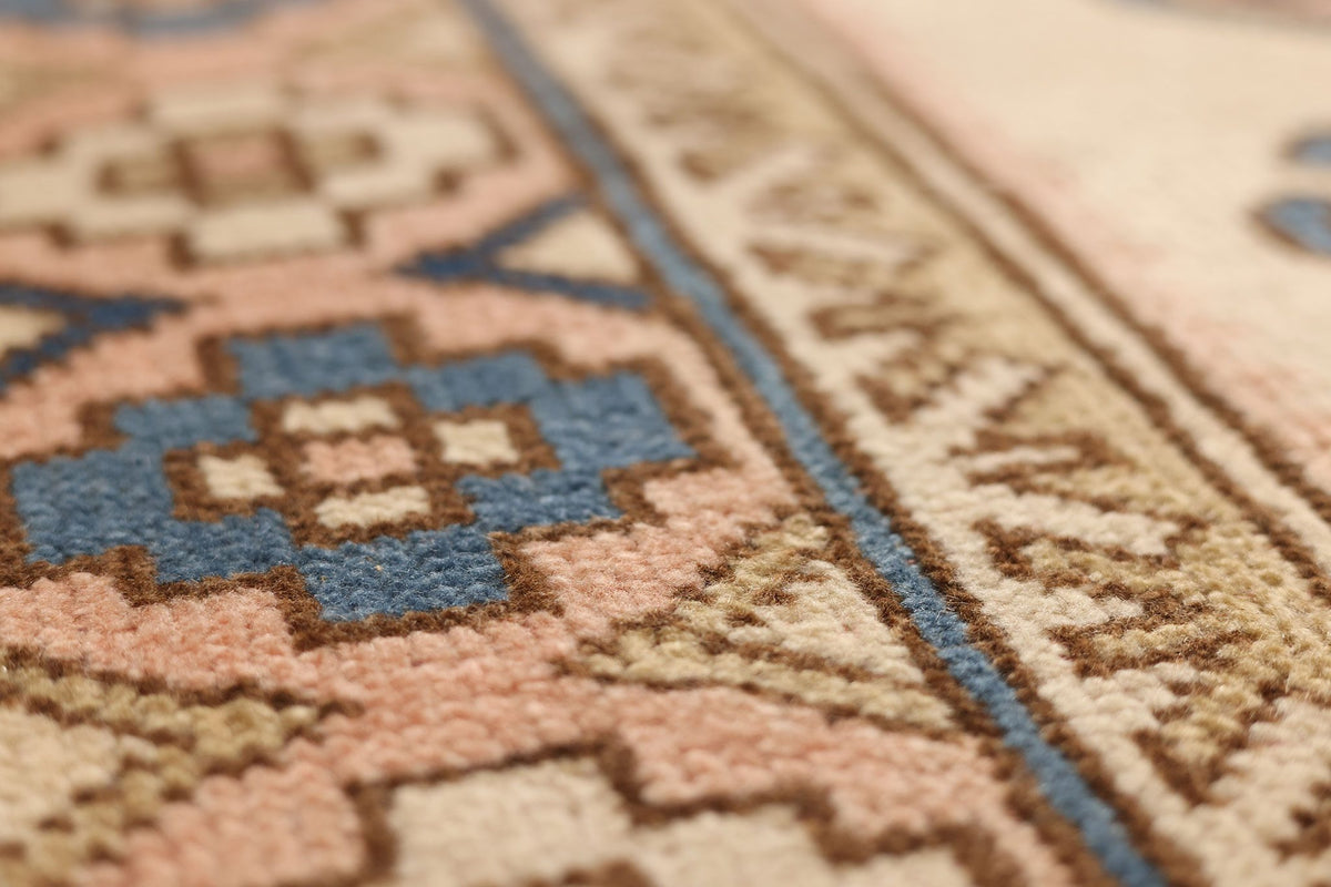Vintage Nevşehir Turkish Area Rug 4x7 ft — Beige & Blue Geometric
