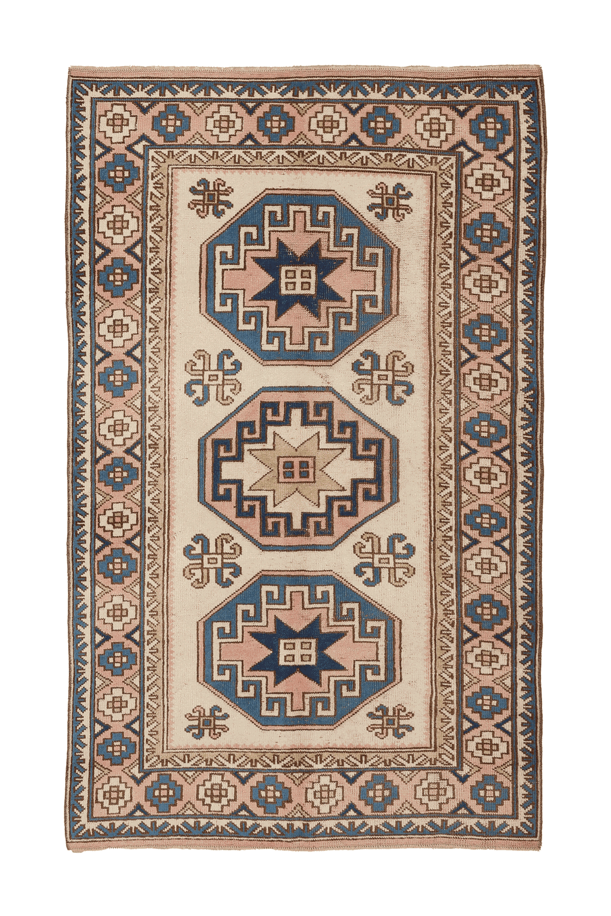 Vintage Nevşehir Turkish Area Rug 4x7 ft — Beige & Blue Geometric