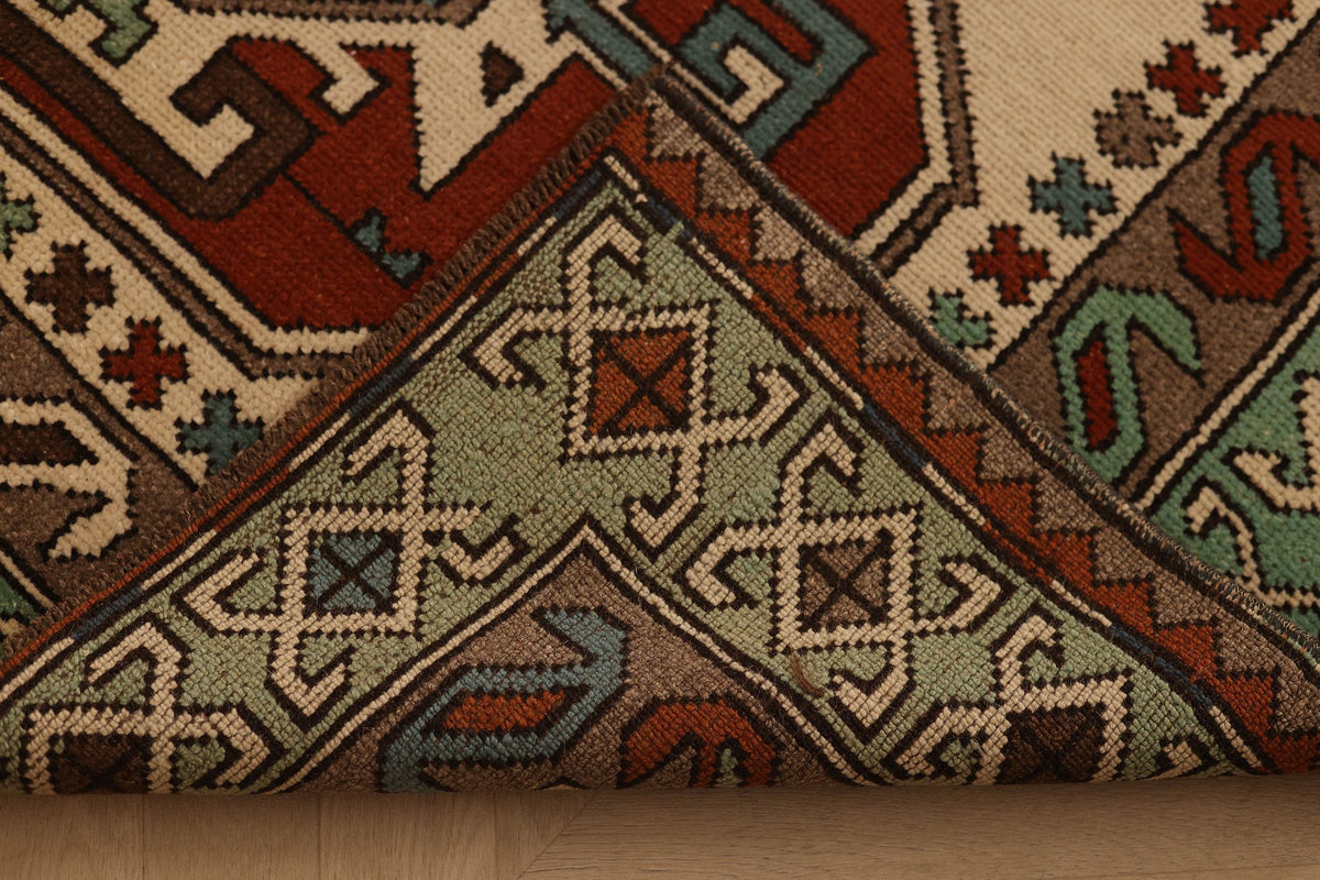 Vintage Nevşehir Turkish Area Rug 4x6 ft — Beige & Red Geometric