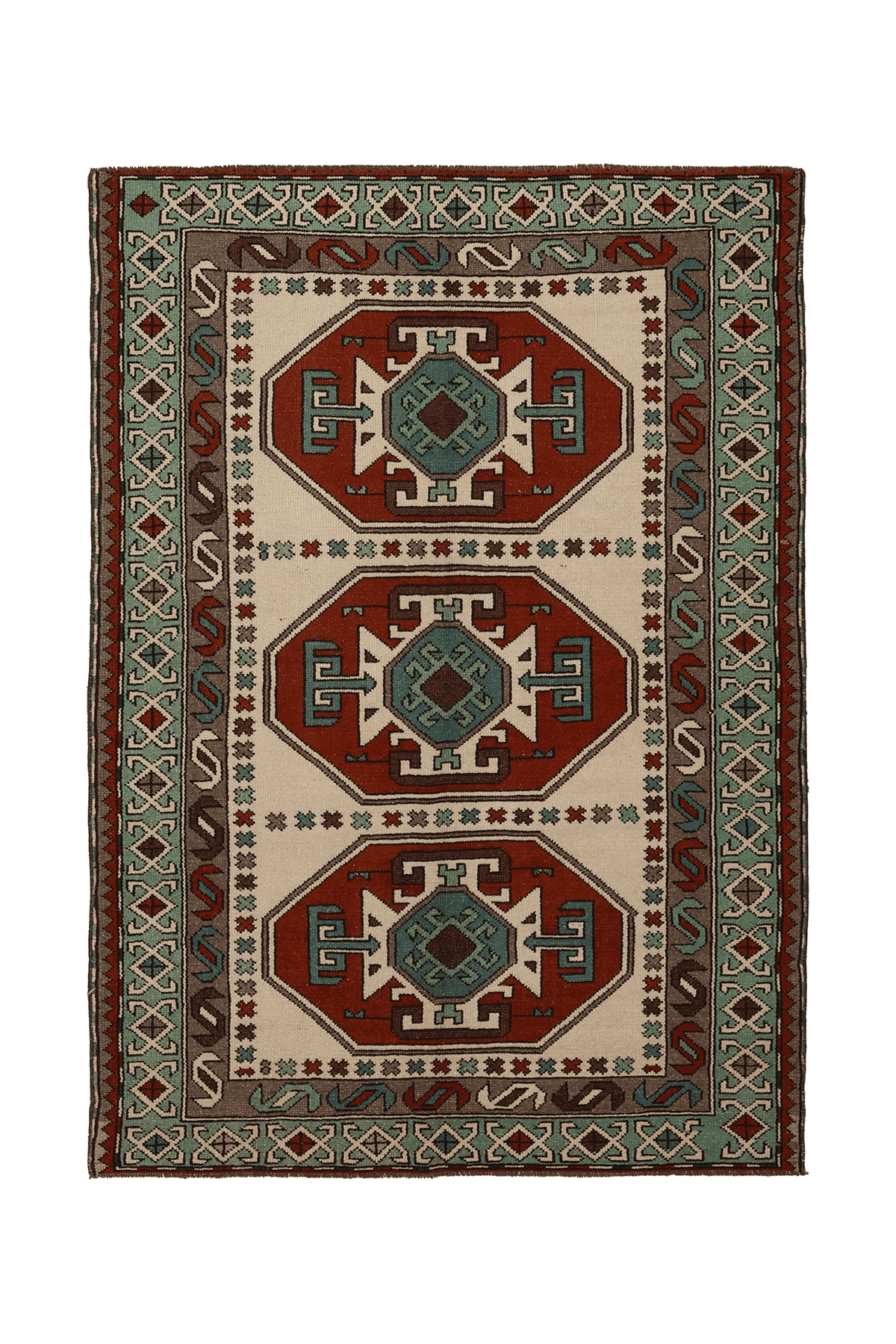 Vintage Nevşehir Turkish Area Rug 4x6 ft — Beige & Red Geometric