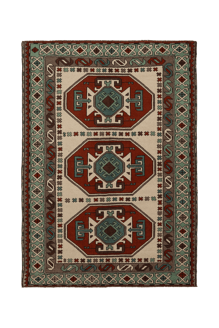 Vintage Nevşehir Turkish Area Rug 4x6 ft — Beige & Red Geometric