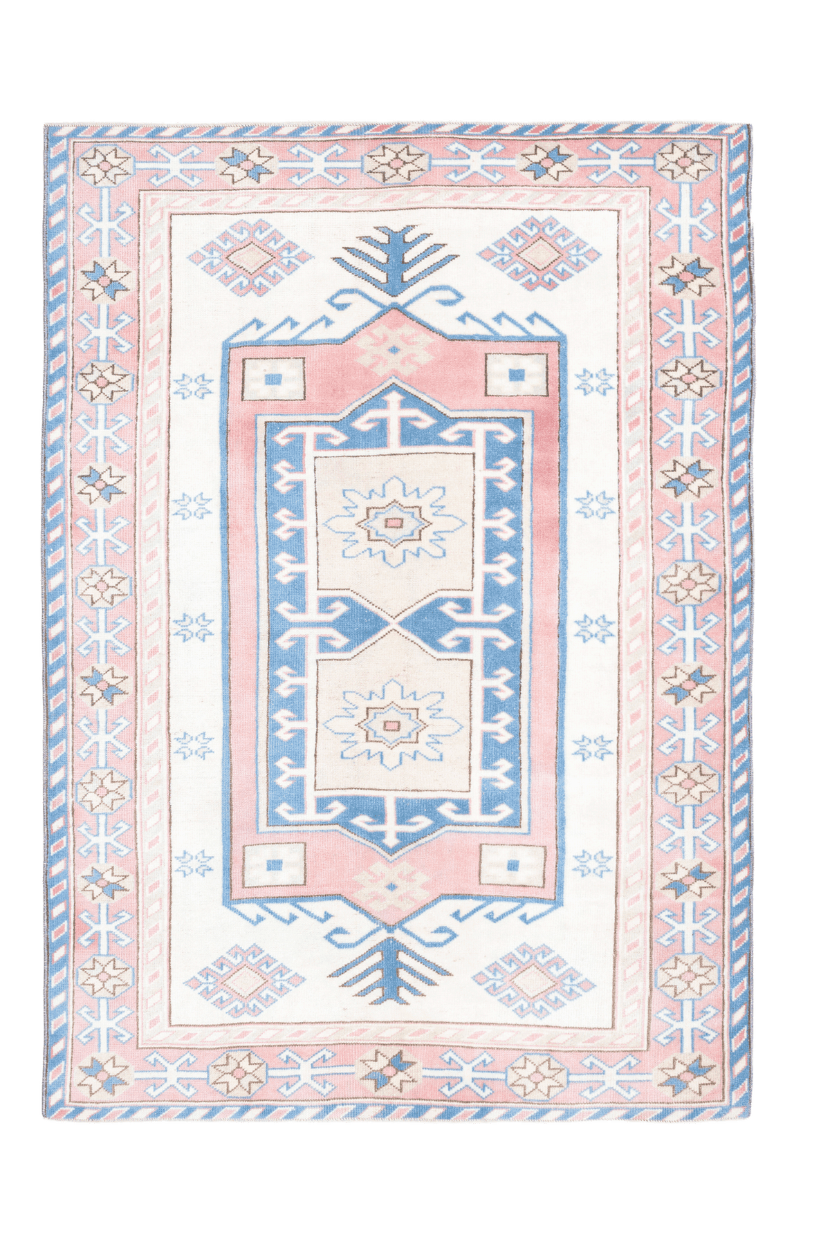 Vintage Niğde Turkish Area Rug 5x6 ft — White & Red Geometric