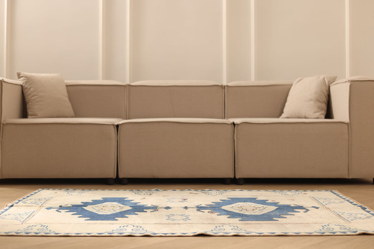 Vintage Kars Turkish Runner Rug 4x6 ft — Beige & Blue Geometric