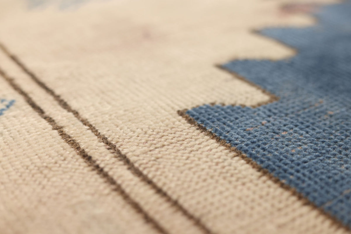 Vintage Kars Turkish Runner Rug 4x6 ft — Beige & Blue Geometric