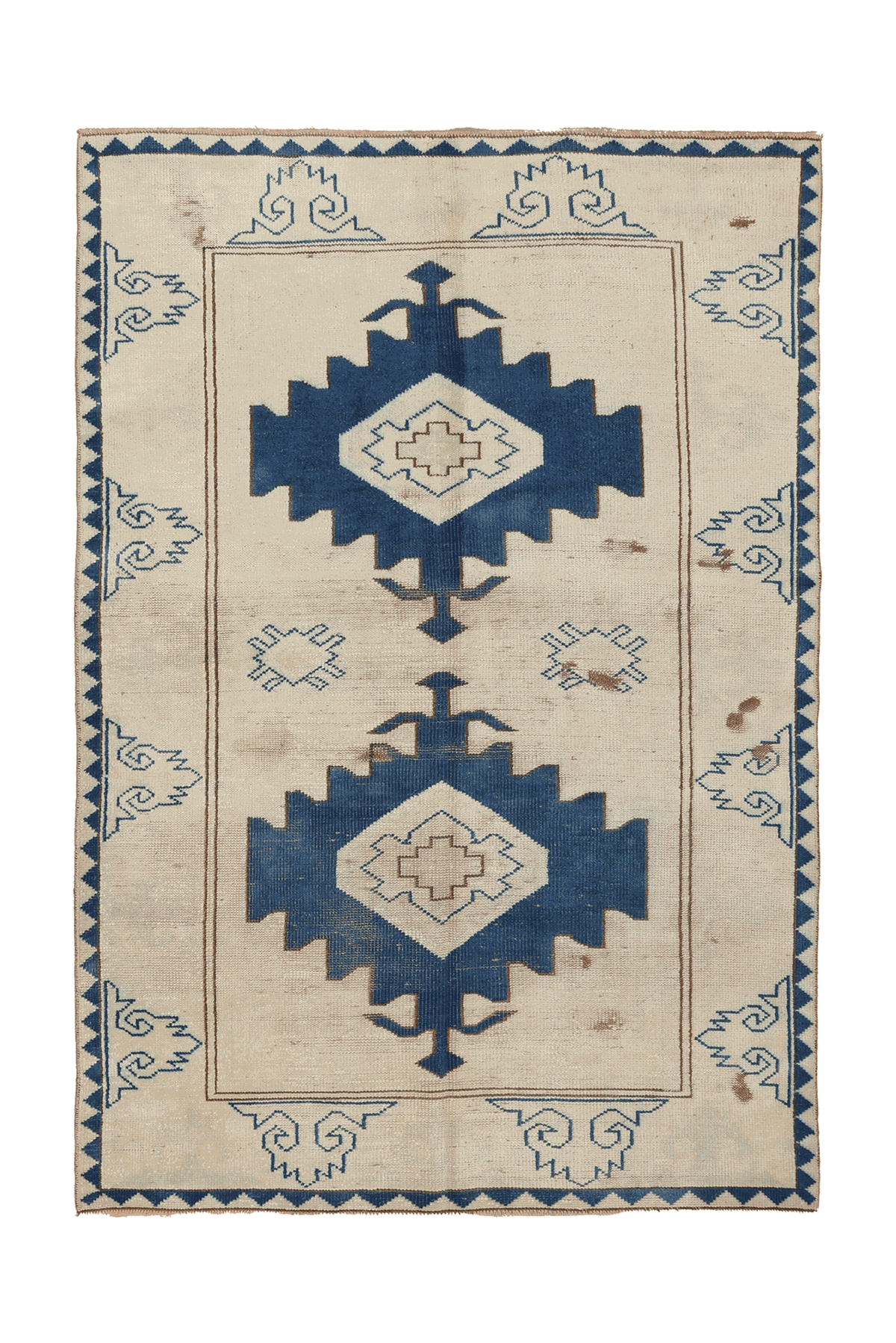 Vintage Kars Turkish Runner Rug 4x6 ft — Beige & Blue Geometric