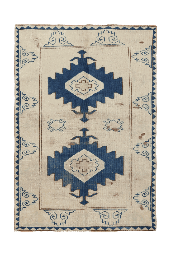 Vintage Kars Turkish Runner Rug 4x6 ft — Beige & Blue Geometric