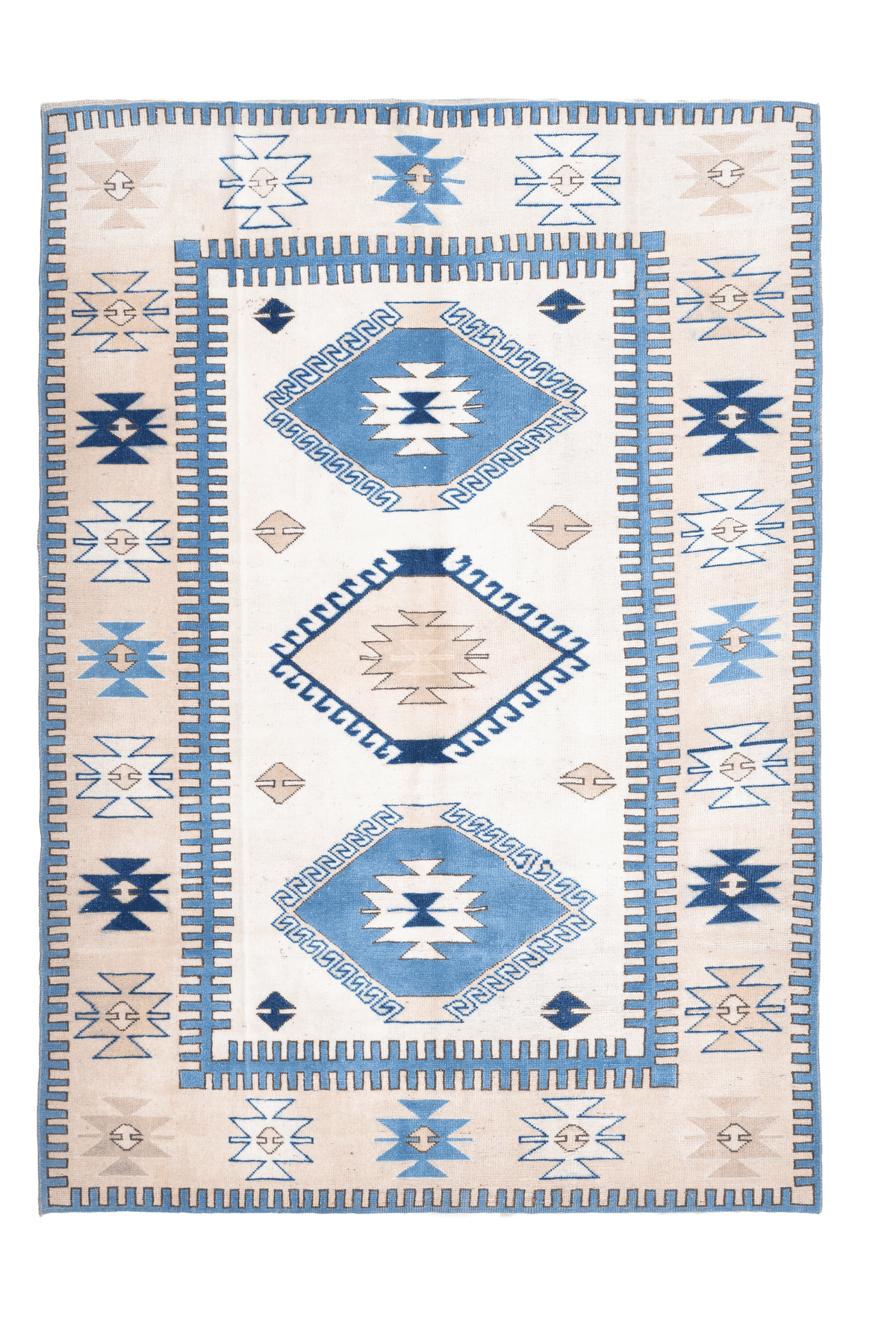 Vintage Niğde Turkish Area Rug 5x8 ft — White & Navy Geometric