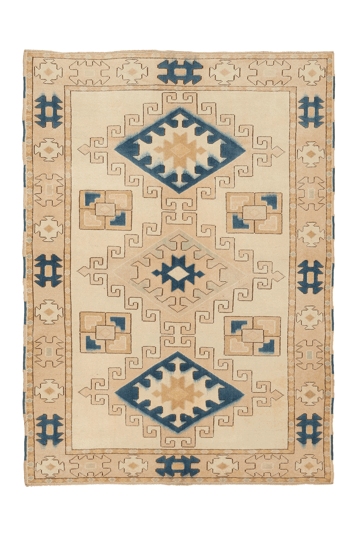 Vintage Kars Turkish Runner Rug 5x7 ft — Beige & Blue Geometric