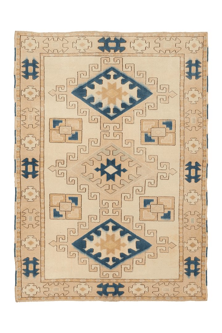 Vintage Kars Turkish Runner Rug 5x7 ft — Beige & Blue Geometric