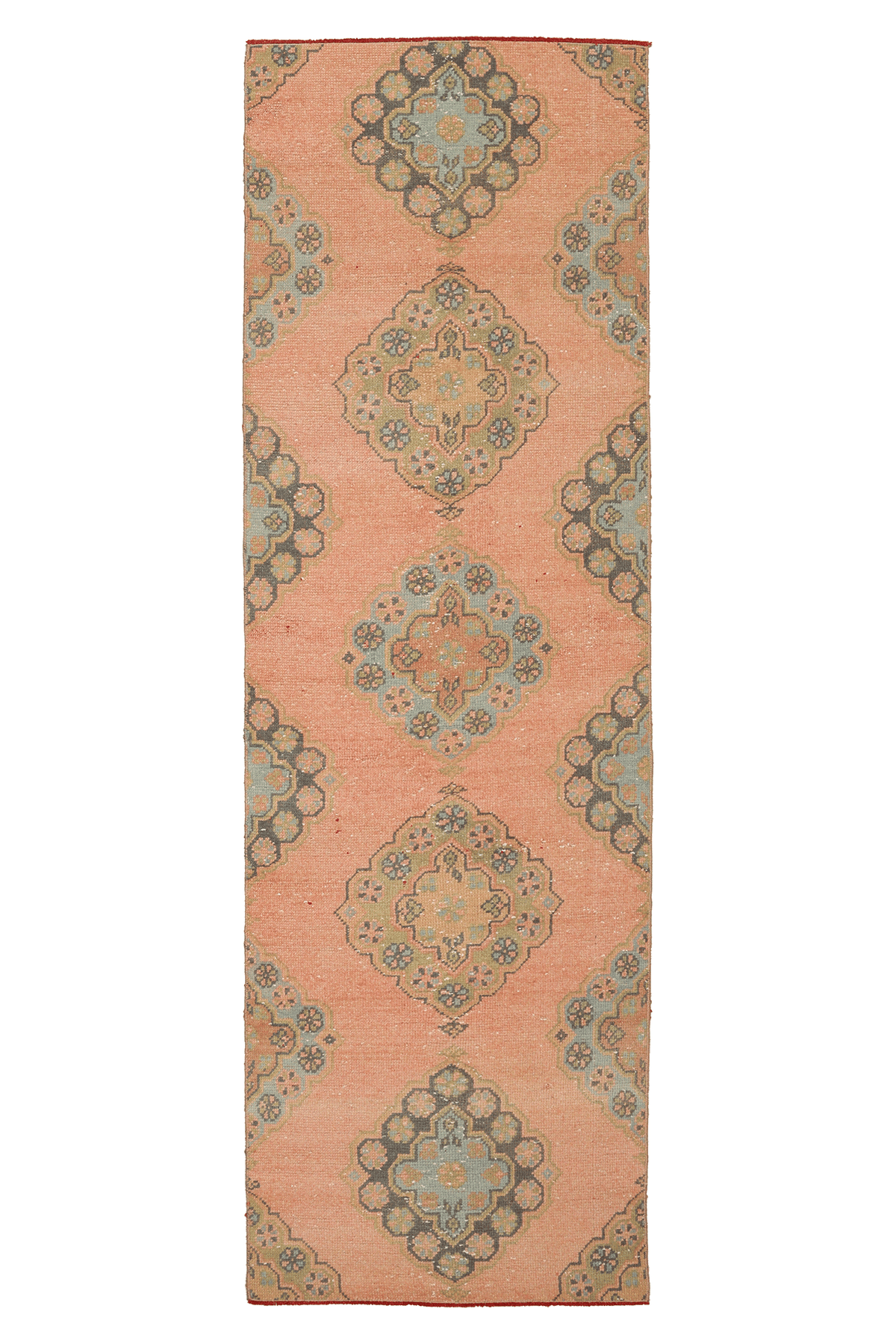 Vintage Konya Turkish Runner Rug 2x8 ft — Orange & Green Geometric