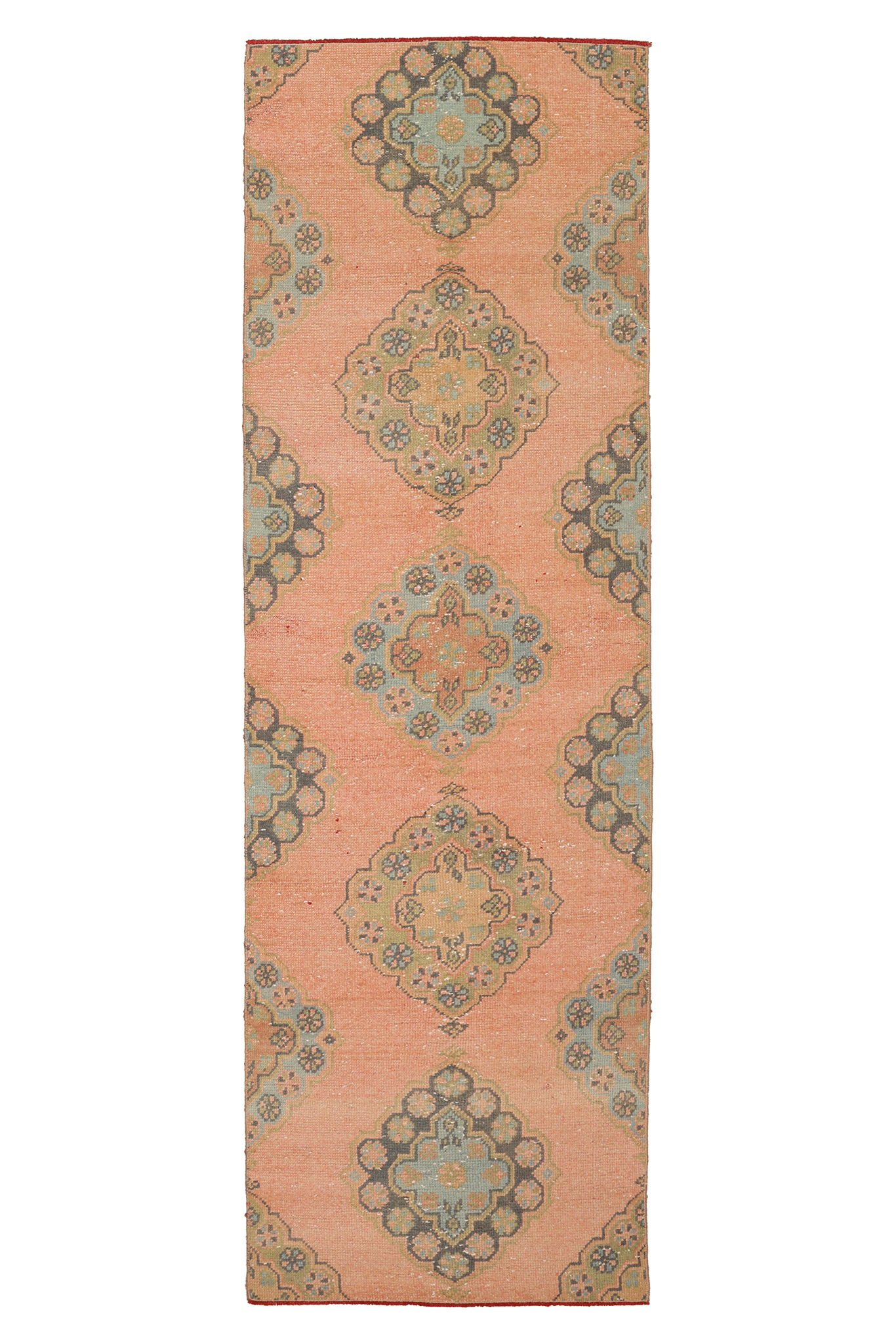 Vintage Konya Turkish Runner Rug 2x8 ft — Orange & Green Geometric